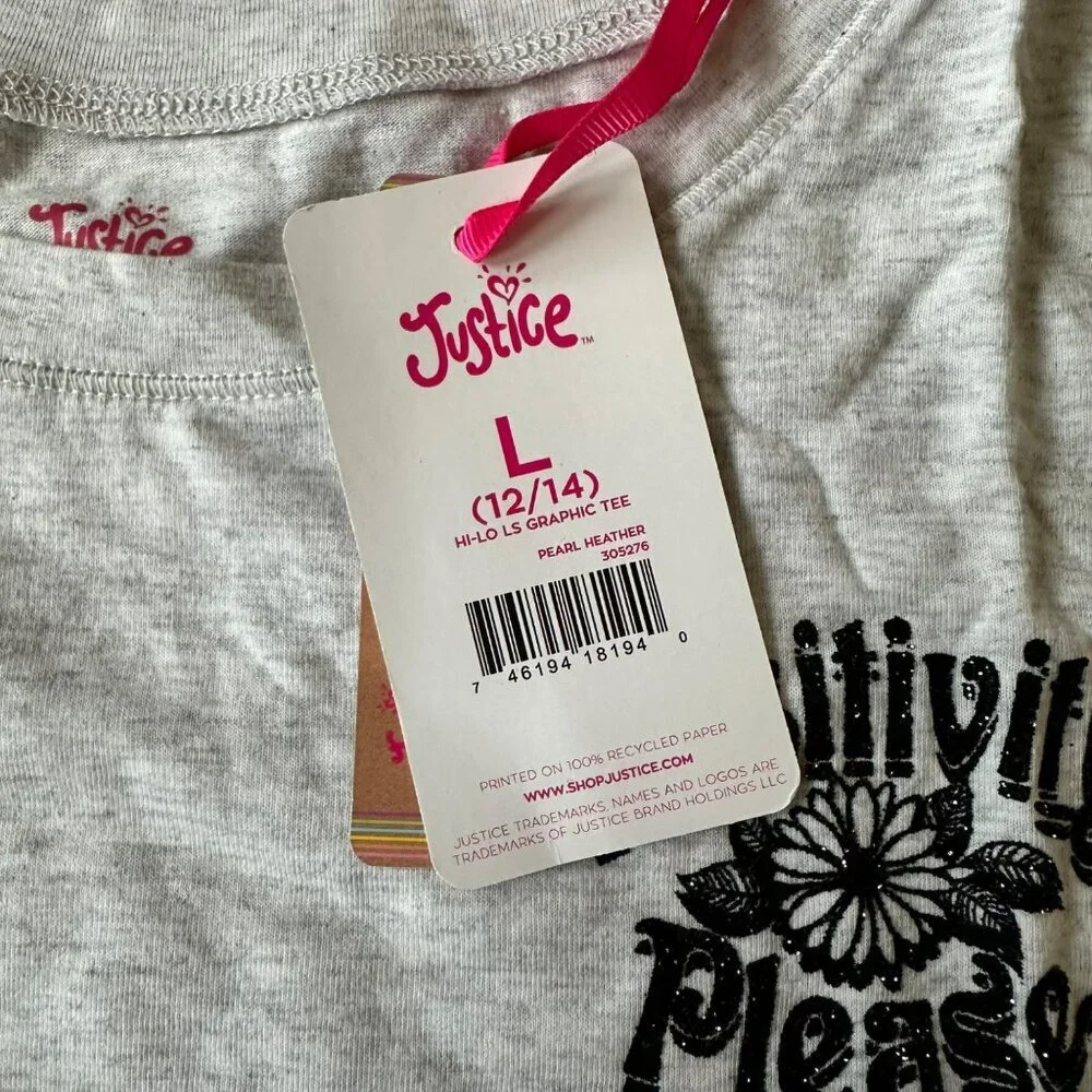 Justice girls size large long sleeve graphic tee shirt in gray with glitter